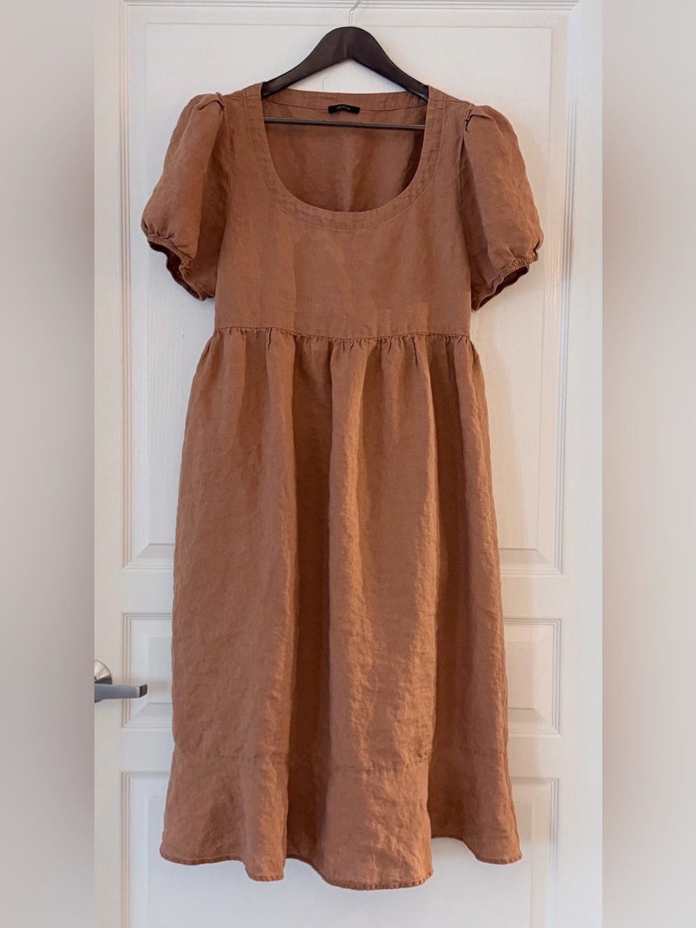 Quince Rust Brown Puff Sleeve Linen Dress